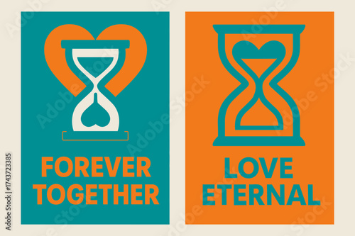 Forever Love Banners. Union. Two vertical A6 banners with safe margins, centered composition, no elements touching edges, geometric style, turquoise and