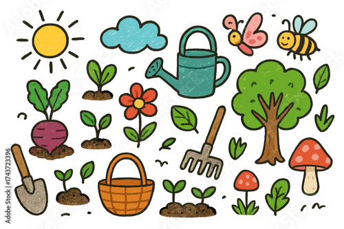 Whimsical Garden Icons. Garden. Colorful Hand-drawn doodle Children illustration beetroot sprout, flower, tree, watering can, shovel, rake, basket, butterfly,