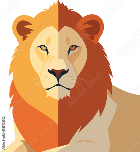 Stylized Lion Vector Geometric Flat Design Illustration with Rich Orange Mane