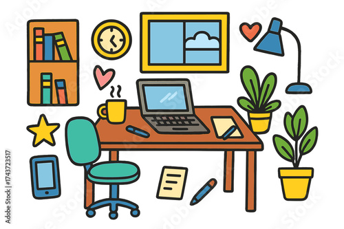Colorful Home Office Doodles. Home Office. Colorful Hand-drawn doodle Children illustration desk, laptop, chair, bookshelf, lamp, plant, coffee mug, star,