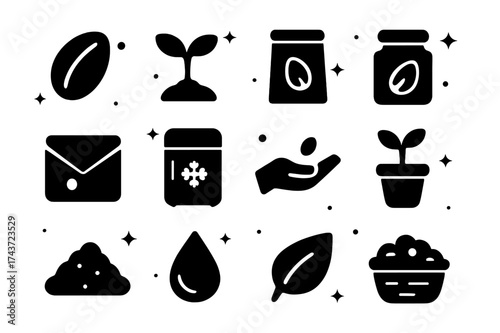 Seed Preservation Icons. Seed preservation. Solid icons set of Seed preservation: seed, sprout, seed packet, jar, envelope, freezer, hand holding seed, plant
