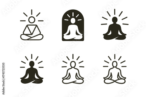 Meditative Logo Variations. Making personal growth a lifestyle choice. Set Logo of Making personal growth a lifestyle choice: meditating figure with radiance.