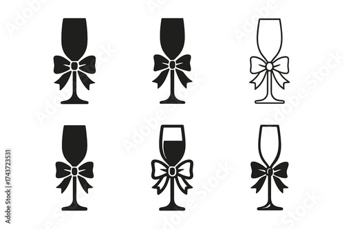 Digital Champagne Flute Logos. Digital champagne flute services. Set Logo of Digital champagne flute services: champagne flute with ribbon. harmonious logo