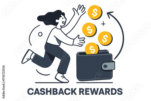 Catching Cashback Coins. Cashback rewards. A character catching glowing coins falling into a wallet. Abstract