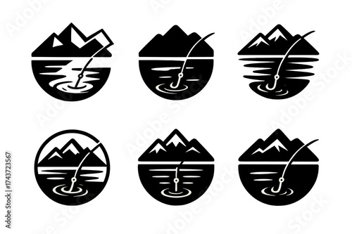 Lake Fishing Logos. Fishing at the lake. Set Logo of lake and mountains: water surface with fishing line cast. harmonious logo variations of the same