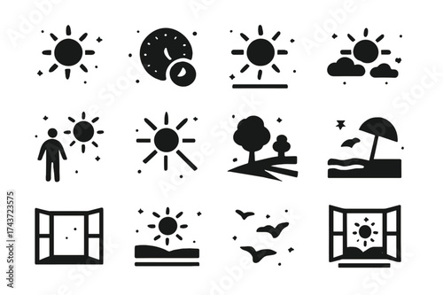 Daytime Icons Grid. Daytime cycle. Solid icons set of bright sun, clock with sunlight, high noon, clear sky, people outdoor, sunlight rays, sunbeam, afternoon