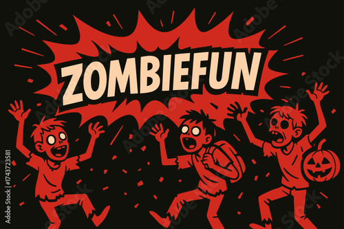 ZombieFest Comic Extravaganza. ZombieFun banner, flat vector illustration, bold oversized text inside comic burst, cartoon characters dancing and shouting at