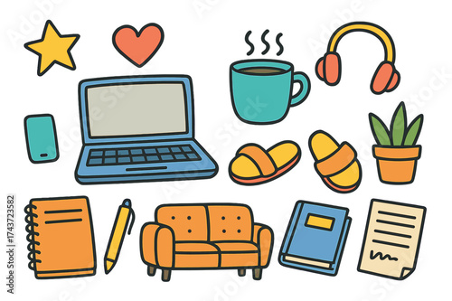 Casual Work Doodles. Casual Work. Colorful Hand-drawn doodle Children illustration laptop, sofa, coffee mug, slippers, notebook, phone, headphones, star,