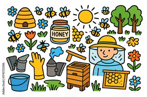 Colorful Beekeeping Doodles. Beekeeping. Colorful Hand-drawn doodle Children illustration Beekeeping beehive, honey jar, bee, flowers, smoker tool, gloves, hat