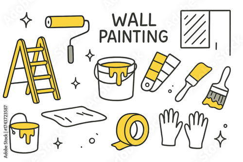 Colorful Painting Tools. Wall Painting. Hand-drawn doodle illustration ladder (colored), paint bucket, roller (colored), paintbrush, swatches (colored), drop