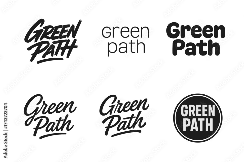 Obraz premium Green Path Lettering Styles. Green Path. Set lettering. harmonious lettering variations of the same emblematic concept (Dynamic brushstroke graffiti lettering,