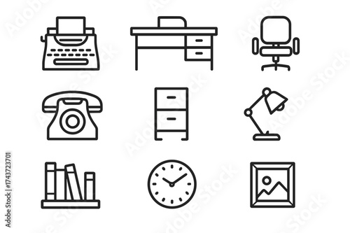 Retro Office Icons. Retro office. Line icon set of Retro office: typewriter, desk, chair, rotary phone, filing cabinet, lamp, bookshelf, clock, organizer, wall