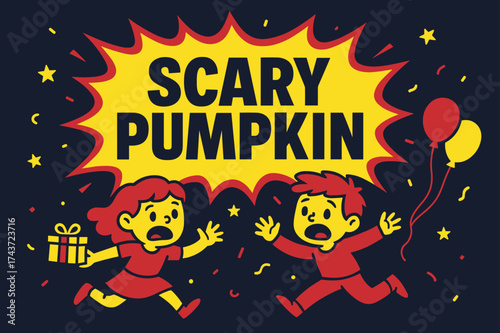 Spooky Pumpkin Parade. Scary Pumpkin banner, flat vector illustration, bold oversized text inside comic burst, cartoon characters running and waving, holding