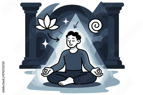 Serene Meditation Glow. Sacred silence. Person glowing while meditating in temple with soft beams of light. Floating icons of lotus, sparkle, and spiral