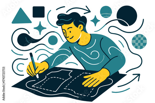 Innovative Fabric Design. Creative process. Glowing designer working on fabric patterns, abstract floating geometric shapes and light trails emphasizing