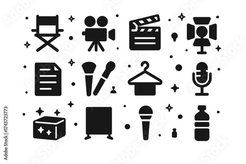 Movie Set Icons. Movie Set. Solid icons set of Movie Set: director chair, camera, clapperboard, megaphone, script, makeup brush, costume hanger, light stand,