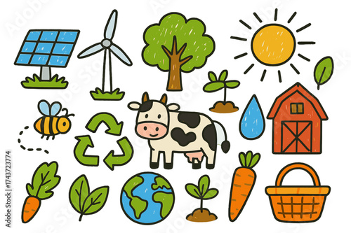 Colorful Sustainability Doodles. Sustainability. Colorful Hand-drawn doodle Children illustration Solar panel, wind turbine, tree, recycling arrows, sprout,