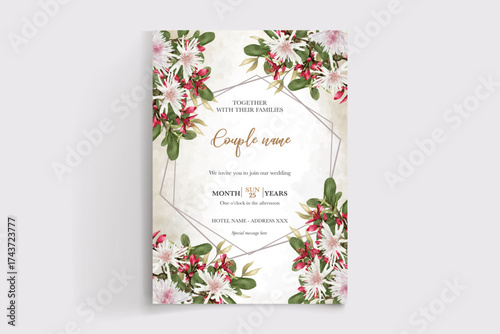 WEDDING INVITATION FRAME WITH FLOWER DECORATIONS AND FRESH LEAVES