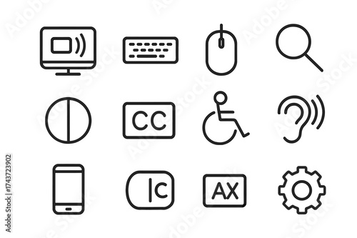 Accessibility Icon Set. Accessibility in digital products. Line icon set of accessibility in digital products: screen reader, keyboard, mouse, magnifying