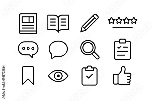 Reviewing Articles Icons. Reviewing articles. Line icon set of Reviewing articles: magazine, open page, pencil, star rating, comment bubble, speech bubble,