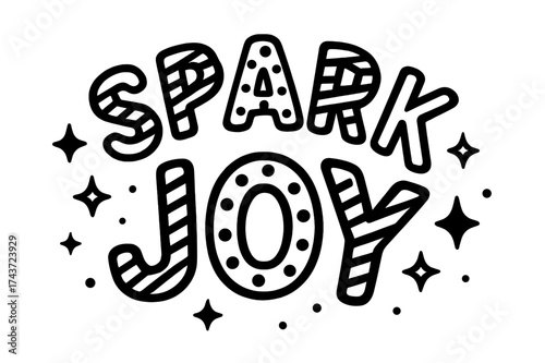 Playful Lettering Display. Spark Joy ? Decorative Display Lettering: playful striped and dotted fill inside chunky rounded letters, arched layout