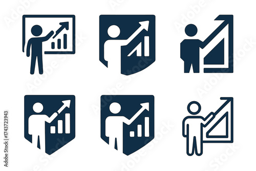 Creative Growth Logos. Students making presentations and projects. Set Logo of growth chart: upward arrow with student presenting. harmonious logo variations