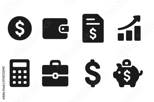Income Icon Set. Income streams. Filled icon set of Income streams: money coin, wallet, invoice, chart,