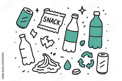 Litter Chaos Doodle. Floor Litter. Hand-drawn doodle illustration bottles (colored), soda cans (colored), snack wrapper, broken glass, sparkle, cap, droplet