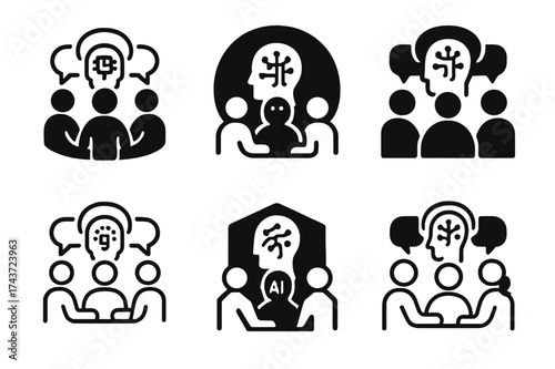 Ethical AI Logos. Ethical AI coder collectives. Set Logo of AI ethics: group discussion with AI icons. harmonious logo variations of the same emblematic
