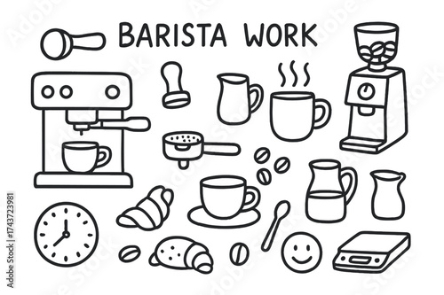 Barista Tools Doodle. Barista Work. Hand-drawn doodle illustration Barista Work espresso machine, portafilter, tamper, steaming pitcher, grinder, cup, saucer,