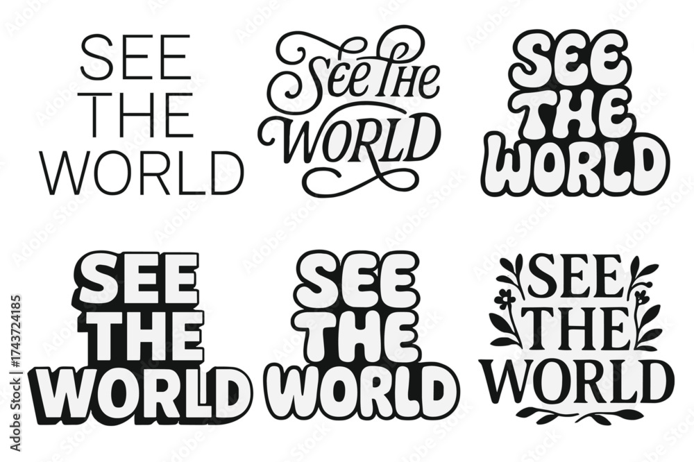 Obraz premium Diverse Lettering Styles Grid. See the world. Set lettering. harmonious lettering variations of the same emblematic concept (Modern minimal monoline lettering,