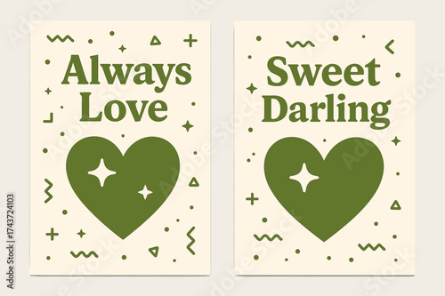 Playful Heart Banners. Affection. Two vertical A6 banners with safe margins, centered composition, no elements touching edges, memphis style, olive green and