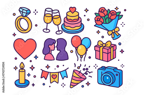 Engagement Party Icons. Engagement Party. Colorful isometric vector icons set of celebrating love through engagement parties: engagement ring, champagne