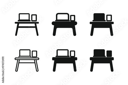 Digital Desk Logos. Students using laptops and tablets in classrooms. Set Logo of digital desk: classroom desk with laptop and tablet. harmonious