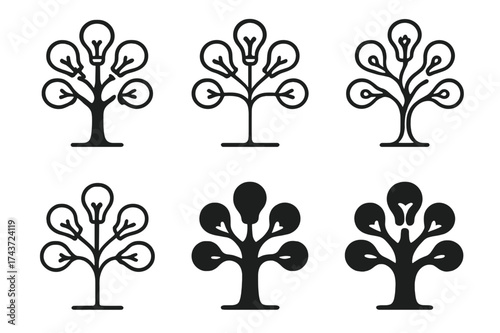 Tree of Ideas Logos. Team brainstorming innovative ideas. Set Logo of tree of ideas: branches forming lightbulbs. harmonious logo variations of the same