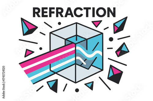 Geometric Light Refraction. Refraction effect. A transparent cube distorting glowing lines of light passing through, floating geometric shards around it. Word