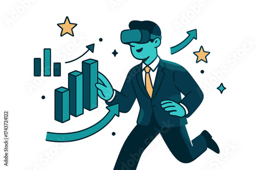 VR Financial Exploration. Data visualization. Business leader glowing while analyzing 3D financial graphs in VR. Floating bar chart, arrow, and star icons