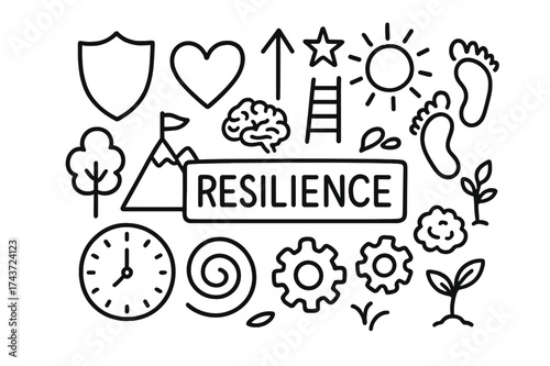 Resilience Icons Doodle. Resilience. Hand-drawn doodle illustration resilience shield, heart, brain, arrow up, star, ladder, sun, footprints, mountain, tree,