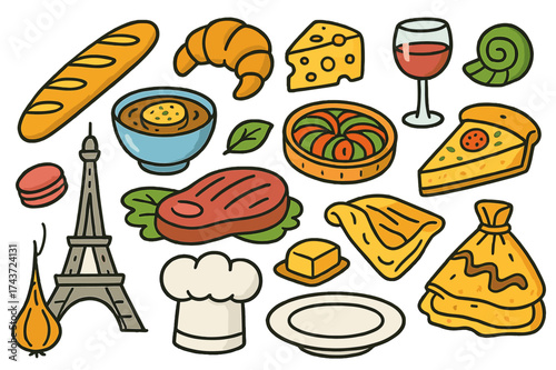French Cuisine Doodles. French cuisine. Colorful Hand-drawn doodle Children illustration Baguette, croissant, escargot, cheese, wine glass, onion soup, steak,