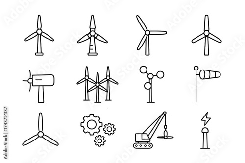 Wind Energy Icons. Wind Energy. Line icon set of Wind Energy: wind turbine, windmill, rotor, tower, nacelle, wind farm, anemometer, wind direction indicator,