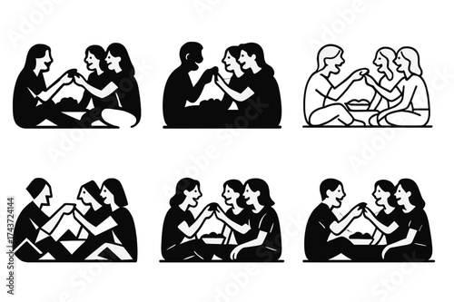 Picnic Logo Variations. A group of friends having a picnic in a park, enjoying nature and food. Set Logo of laughter: silhouettes of friends sharing food and