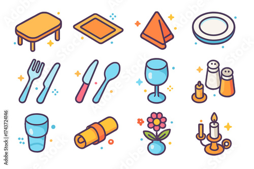Colorful Table Setting Icons. Table Setting. Colorful isometric vector icons set of Placing Placemats and Napkins on the Table: dining table, placemat, folded