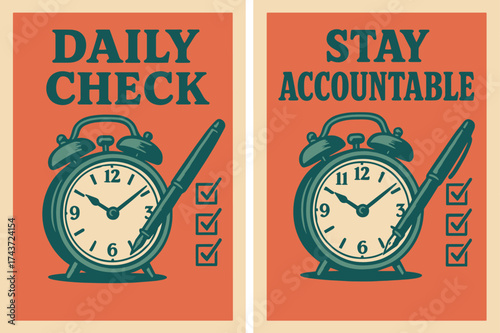 Retro Task Banners. Mindset. Two vertical A6 banners with safe margins, centered composition, no elements touching edges, retro style, coral and teal, vintage