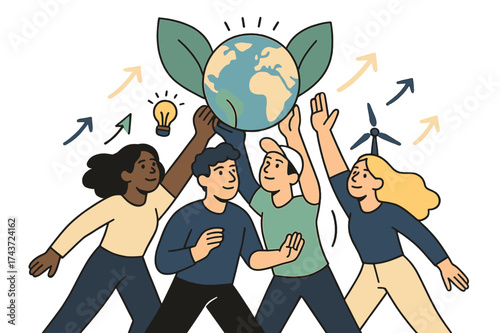 Global Climate Unity. Global action. Diverse group of people holding glowing Earth shielded by leaves and