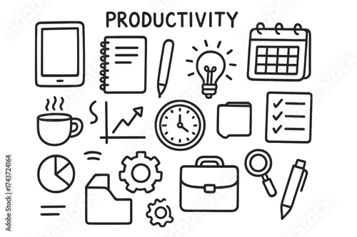 Productivity Essentials Doodle. Productivity. Hand-drawn doodle illustration productivity tablet, notebook, pen, calendar, clock, checklist, folder, gear,