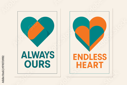 Abstract Heart Banners. Union. Two vertical A6 banners with safe margins, centered composition, no elements touching edges, geometric style, turquoise and