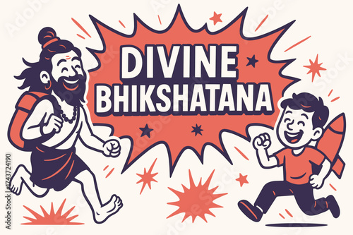 Explosive Divine Adventure. Divine Bhikshatana banner, flat vector illustration, bold oversized text inside splash explosion, cartoon characters running and