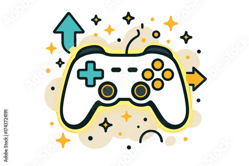 Glowing Game Controller. Game Controller. A glowing controller with abstract floating sparks and arrows symbolizing action and play. Modern flat-line