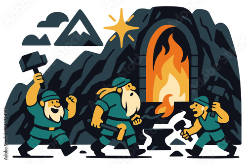 Dwarves' Forge Inferno. Deep mountain forge. Glowing dwarves standing before colossal furnace carved into rock wall. Floating icons of mountain, spark, and