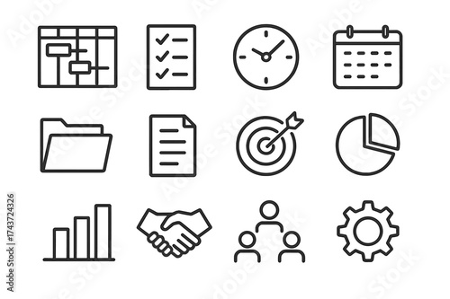 Project Management Icons. Project management. Line outline icon set of project management: Gantt chart,